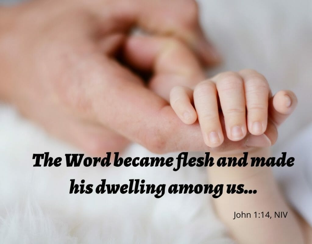 Baby and Adult hand - "The Word became flesh and made his dwelling among us." - John 1:14, NIV