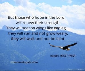 "but those who hope in the Lord will renew their strength. They will soar on wings like eagles; they will run and not grow weary, they will walk and not be faint." Isaiah 40:31 NIV