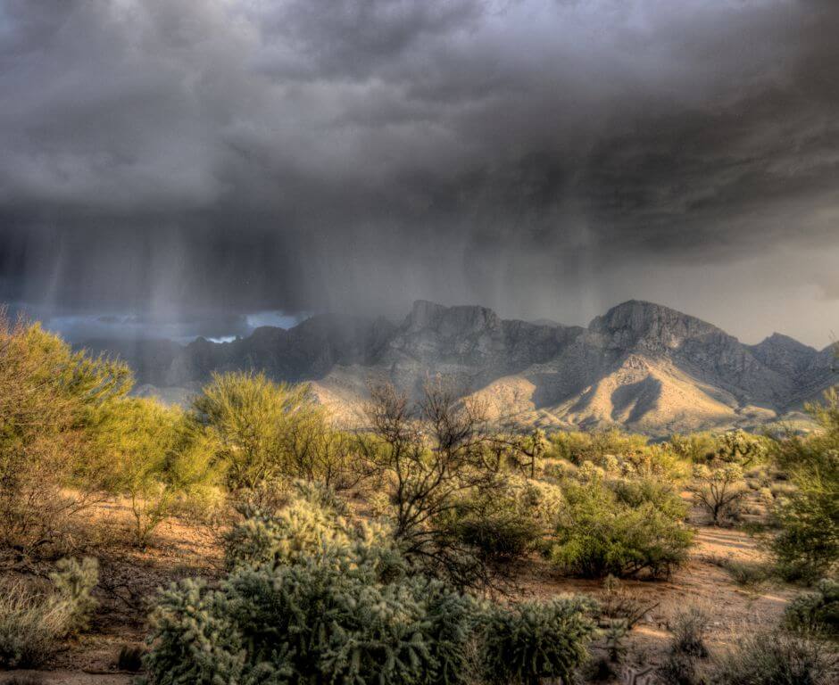 Desert scene with rain clouds.